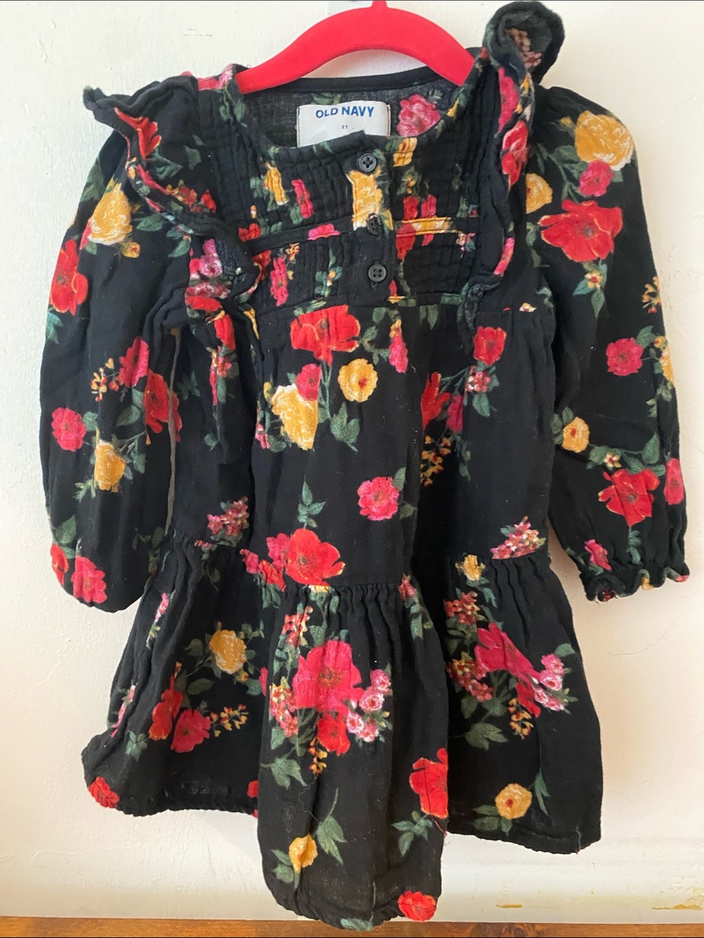 Old Navy Black Floral Ruffled Long-Sleeve Dress with Red & Yellow Blooms